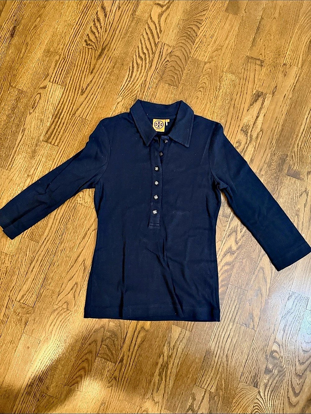 Tory Burch Logo Button 3/4 Long Sleeve Polo Shirt Blue Medium